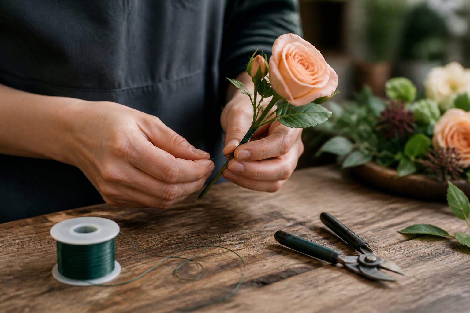 Florist wiring a spray rose stem for a prom boutonniere