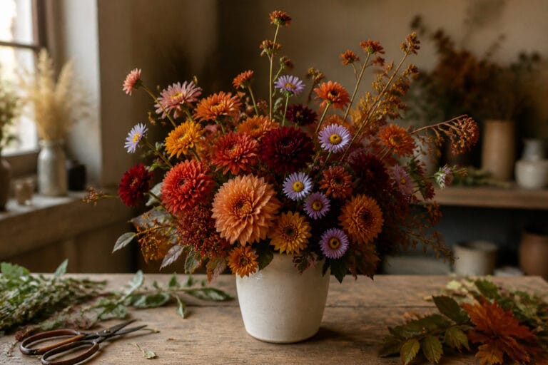 Fall cut flower arrangement of mums, dahlias, and asters on a florist's worktable