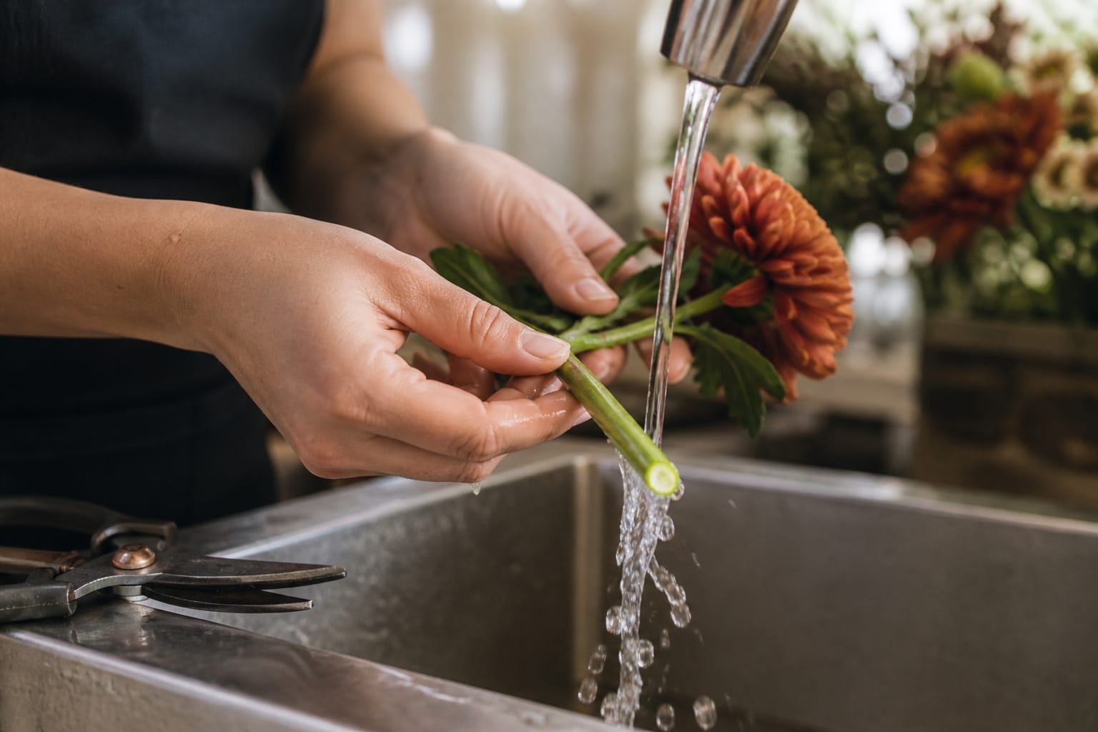 Florist recutting a mum stem at an angle under running water