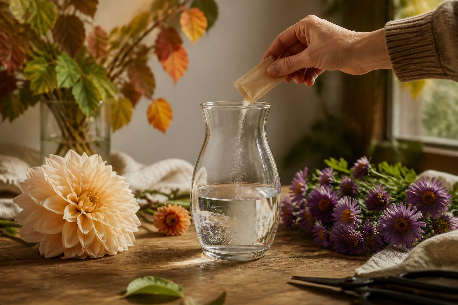 Flower food packet being mixed into a vase of water beside dahlias and asters