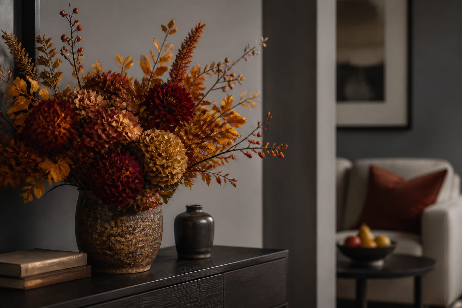 Fall flower arrangement placed in a cool, shaded corner away from sunlight