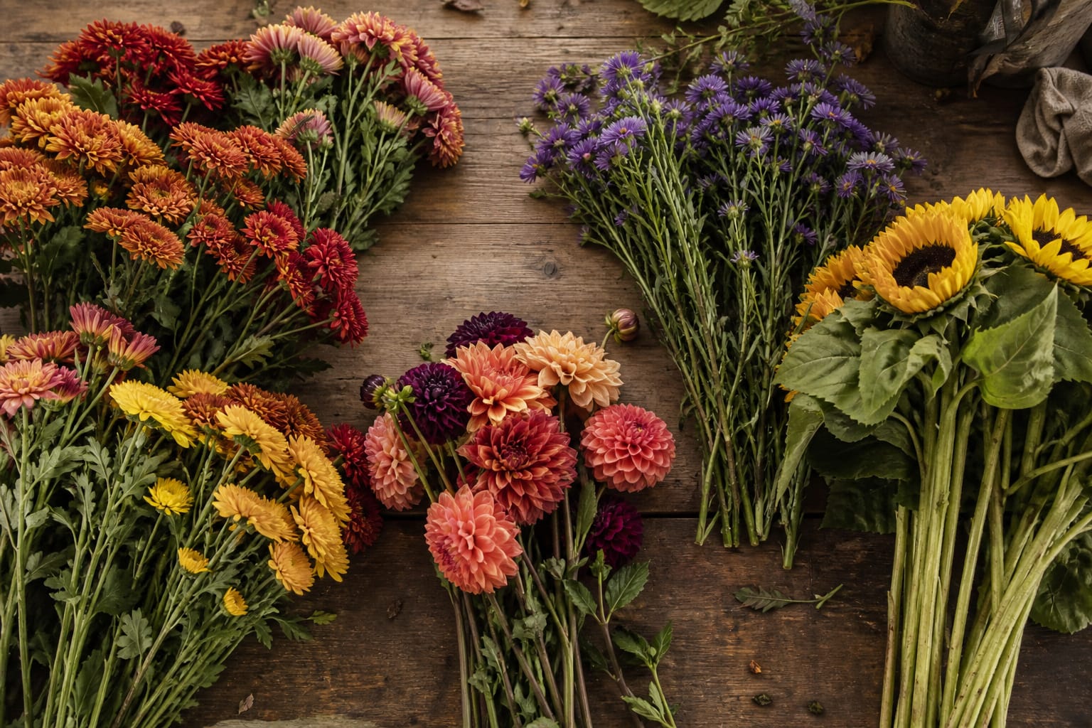 Mums, dahlias, asters, and sunflowers bundled separately on a florist's worktable