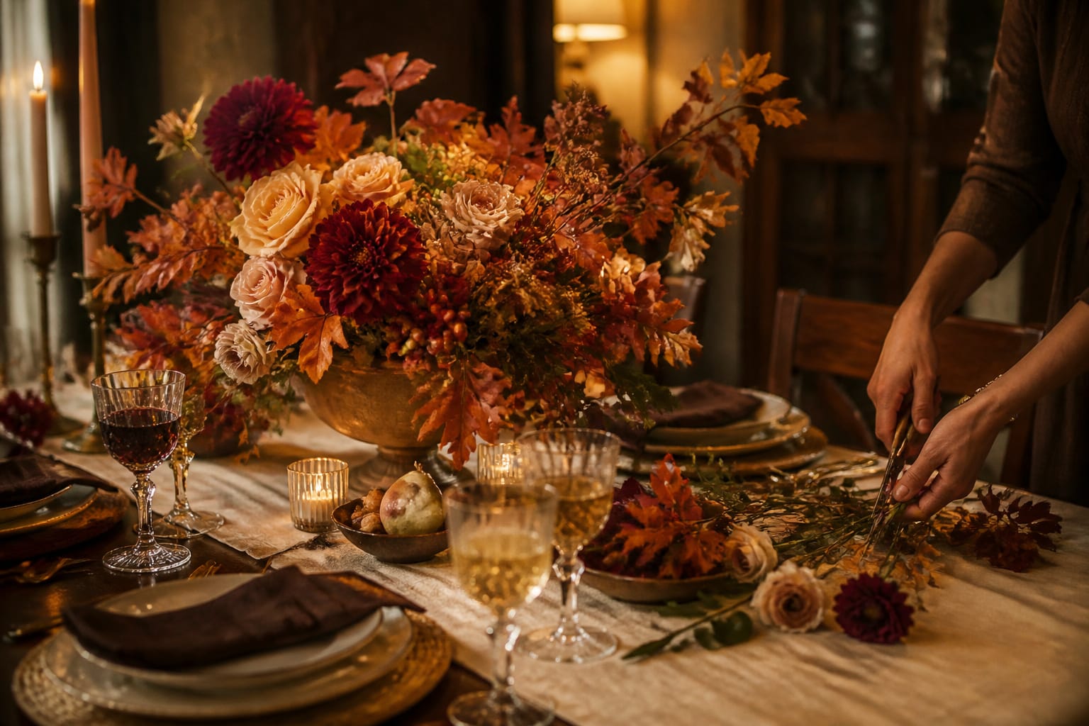 Fall centerpiece on a dinner table with a few stems pulled aside for recutting