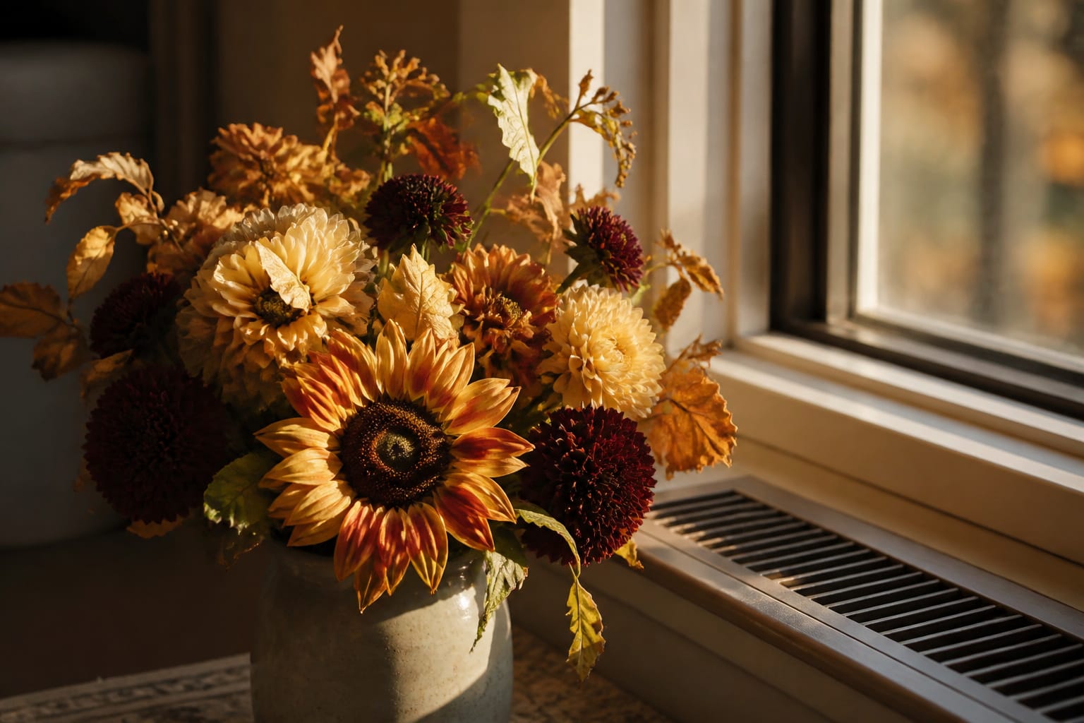 Fall flower arrangement sitting near a sunlit window and a heating vent