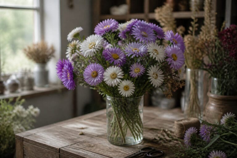 Bunch of purple and white asters in a glass vase on a florist's worktable