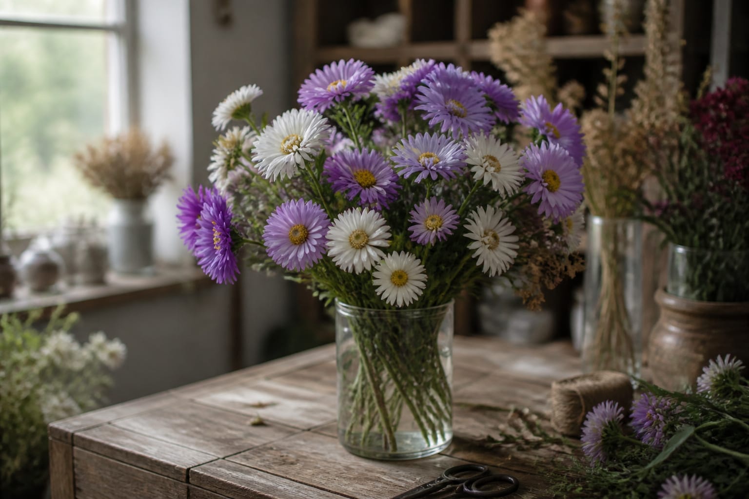 Bunch of purple and white asters in a glass vase on a florist's worktable