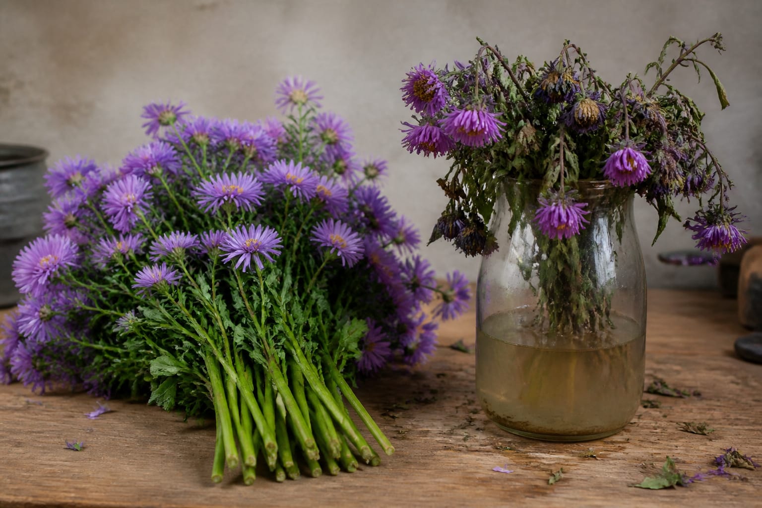 Side by side comparison of well-conditioned and neglected aster stems