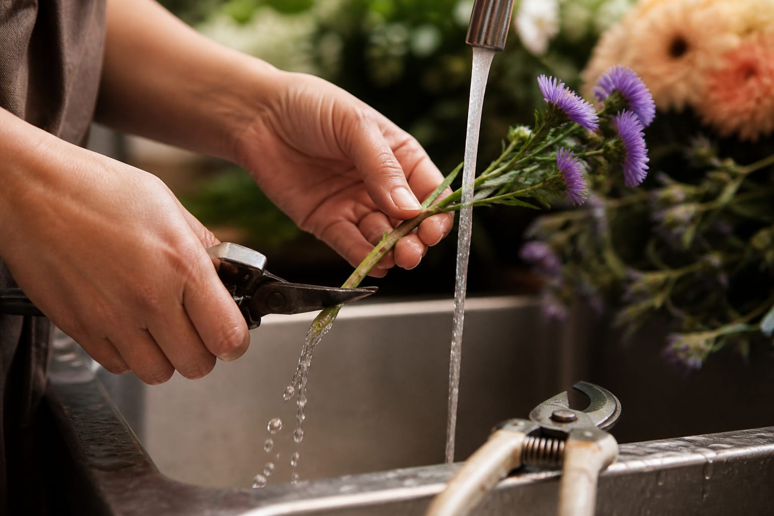 Florist recutting an aster stem at an angle under running water