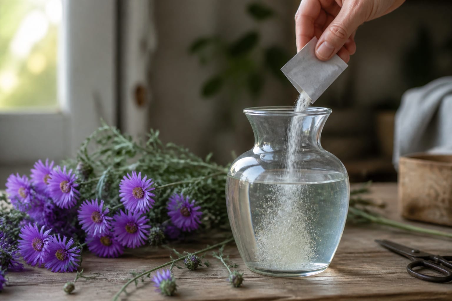 Flower food packet being mixed into a vase of water beside asters