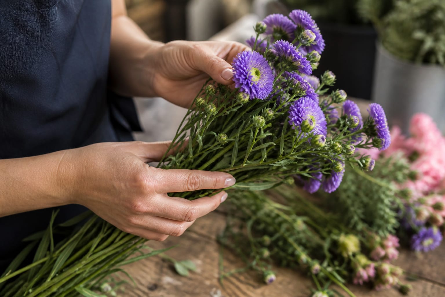Florist inspecting a bunch of aster stems for freshness