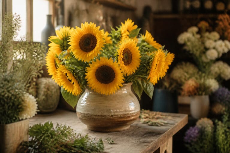Bunch of sunflowers in a sturdy vase on a florist's worktable