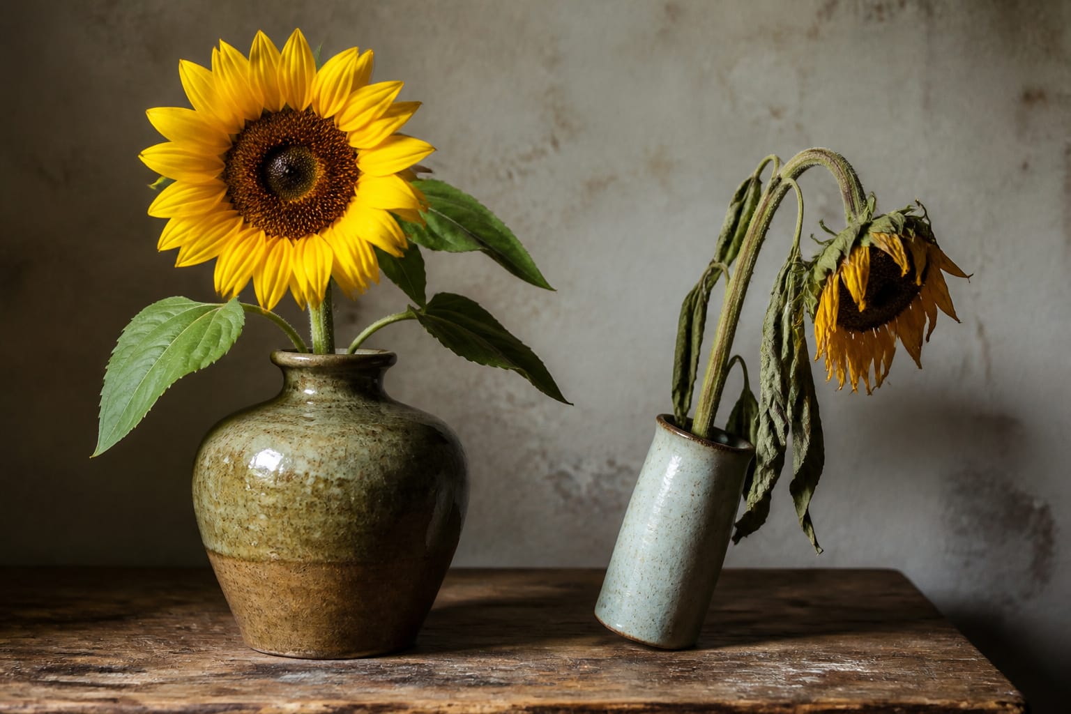 Side by side comparison of a well-supported sunflower and a drooping one in a narrow vase