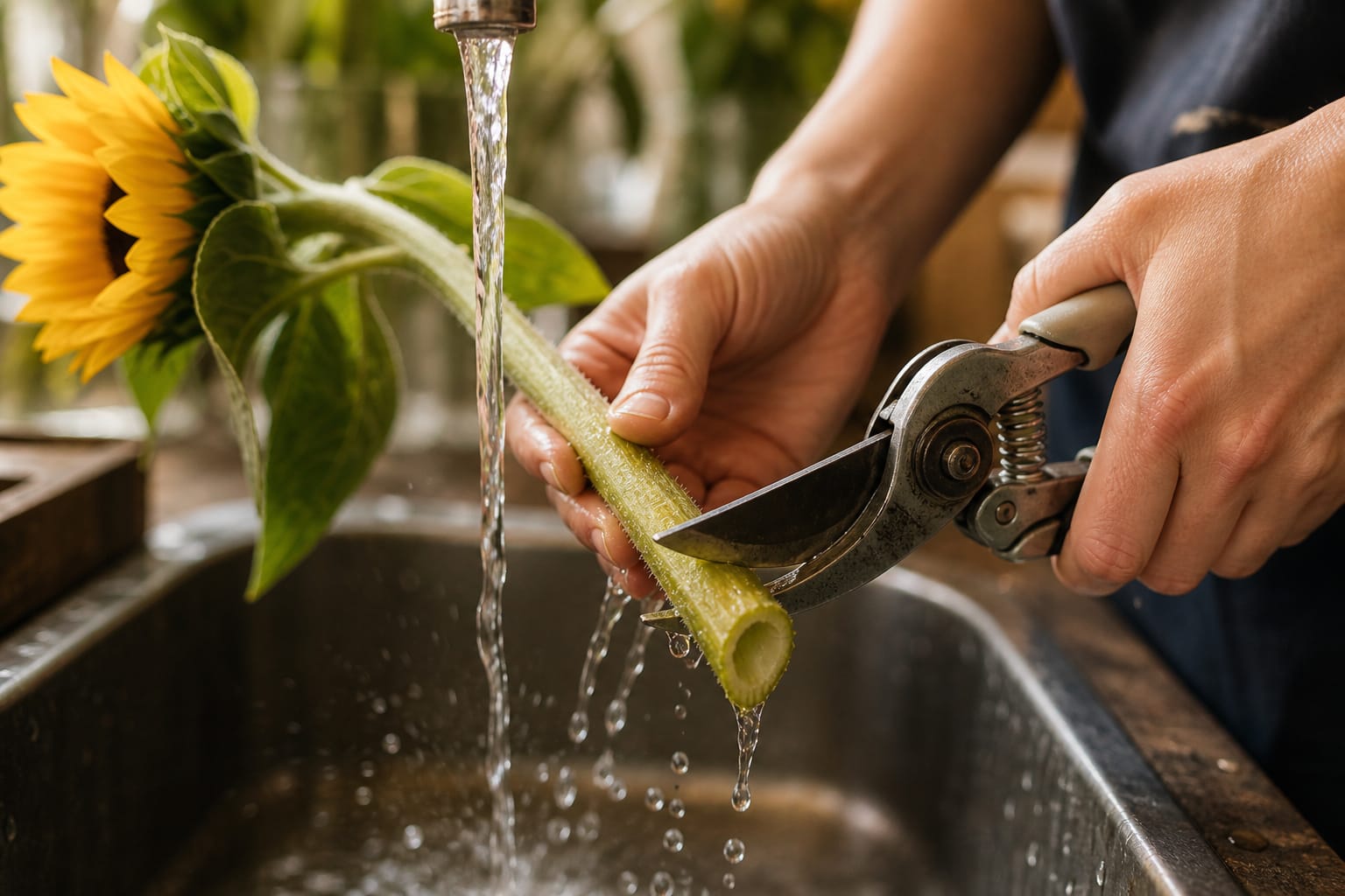 Florist recutting a sunflower stem under running water, hollow stem visible