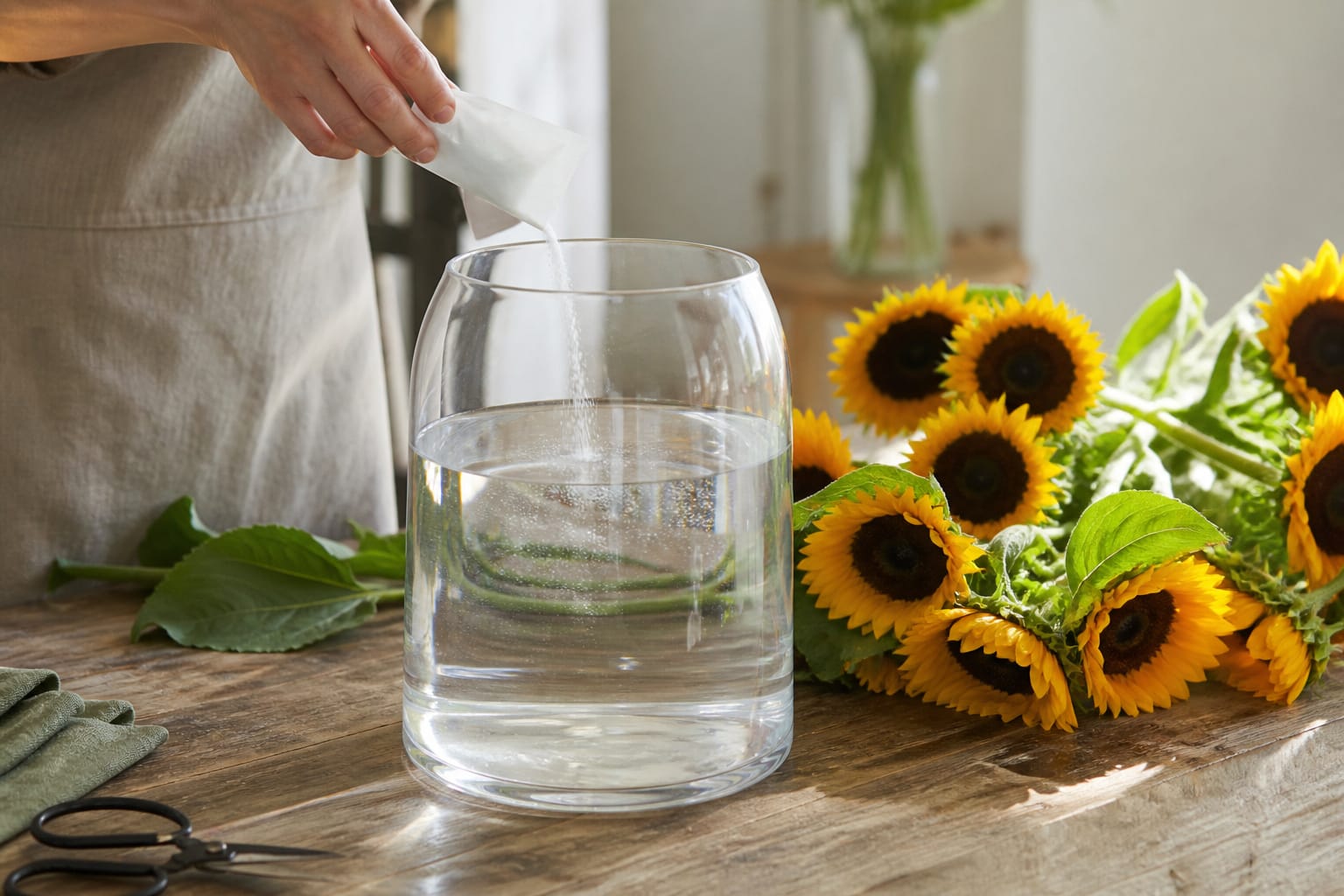 Flower food packet being mixed into a vase of water beside sunflowers