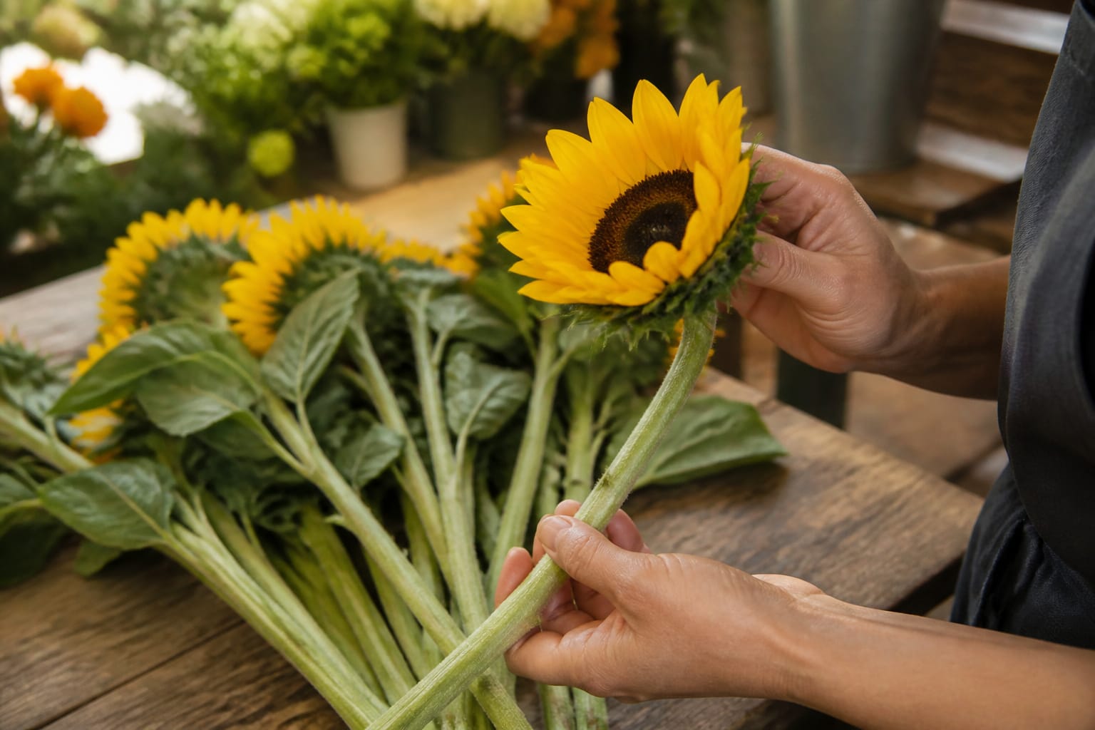 Florist inspecting sunflower stems and centers for freshness