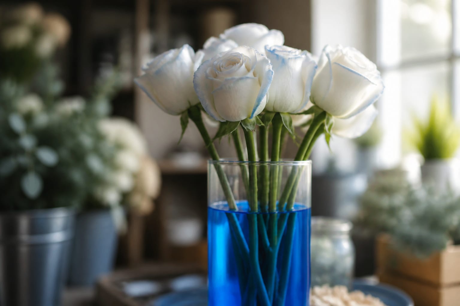 White rose stems absorbing blue dye through water in a glass cylinder