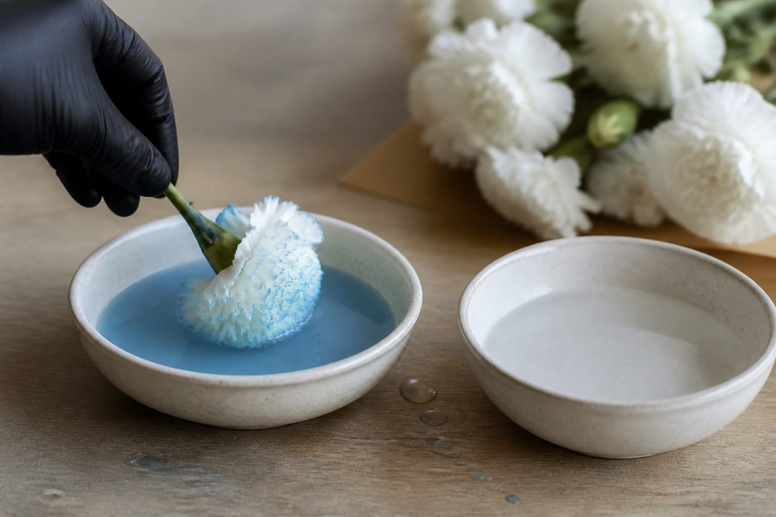 Florist dip-dyeing a white carnation head in a bowl of blue dye solution