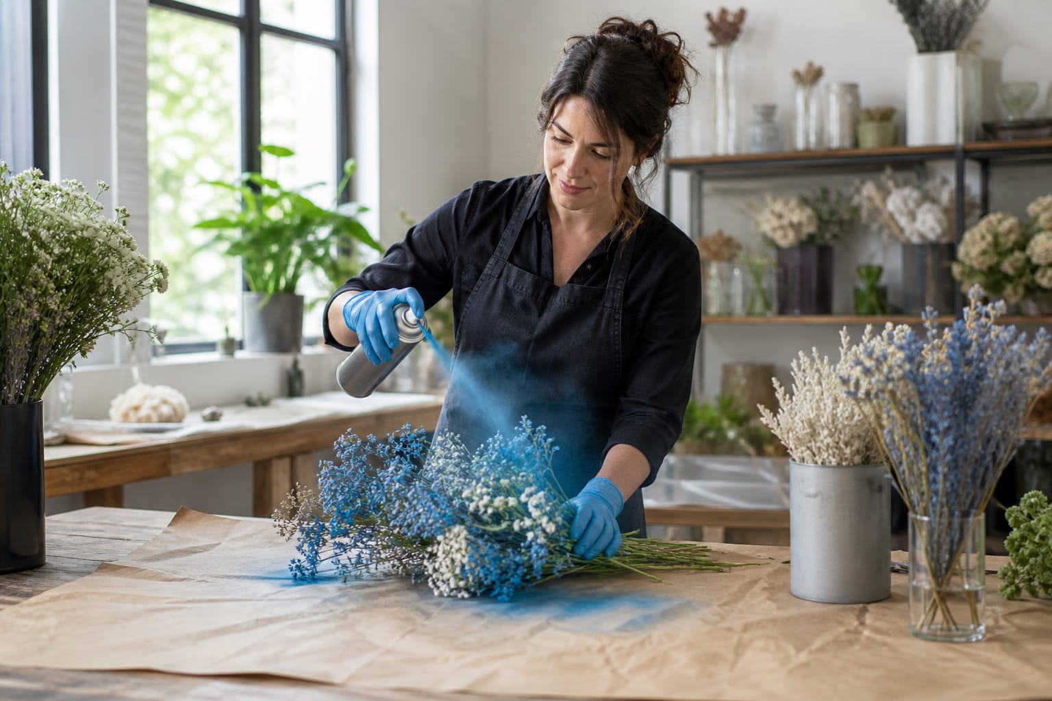 Gloved florist using spray dye over a protected worktable in a ventilated workshop