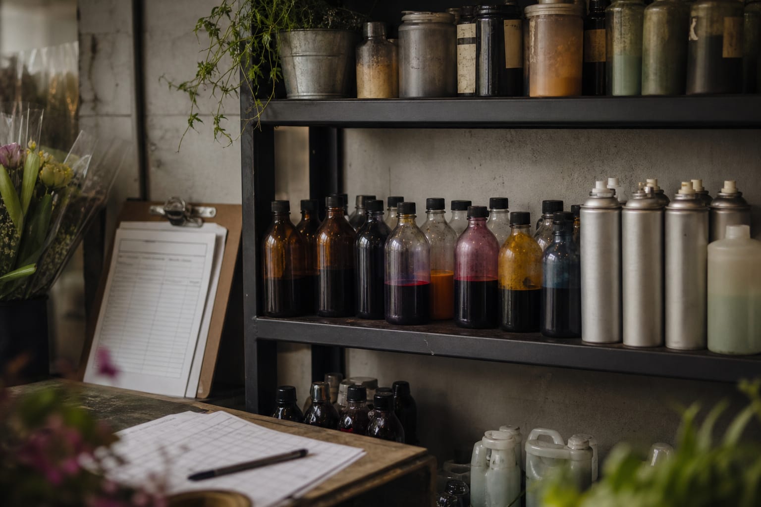 Shelf of floral dye bottles and spray canisters in a flower shop back room