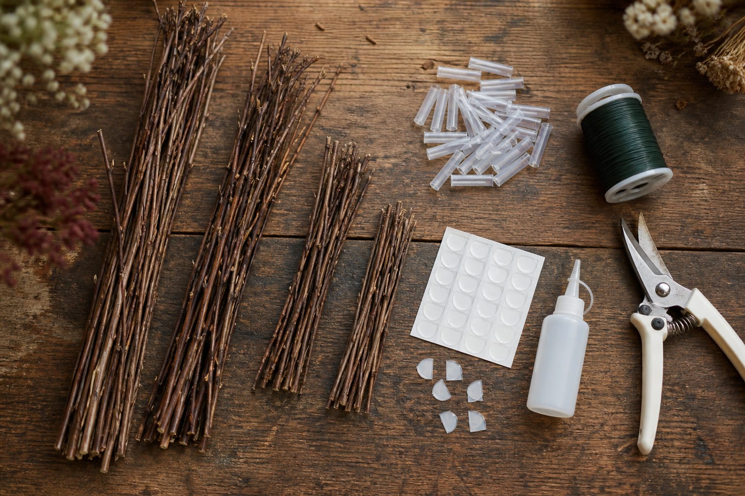 Flower curtain supplies including dried twigs, water tubes, bind wire, and U-Glue tabs on a wood worktable