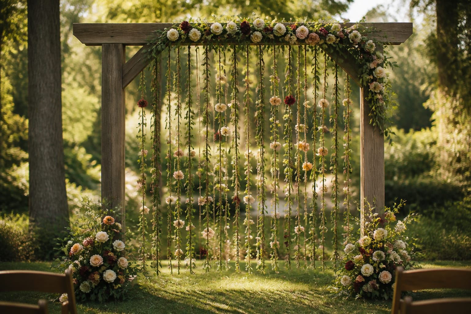 Flower curtain used as a wedding ceremony backdrop hanging from a wood arbor