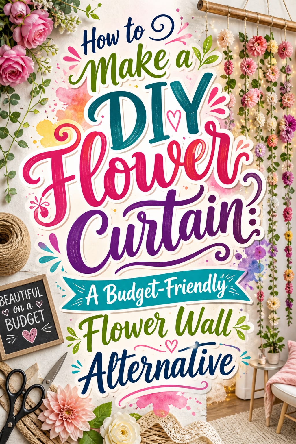 Pinterest graphic for how to make a DIY flower curtain