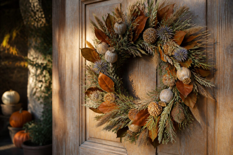 Handmade fall wreath with dried magnolia foliage and pods hanging on a front door