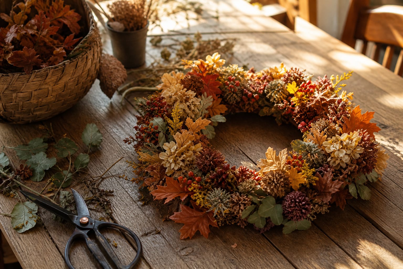 Finished fall wreath resting on a worktable surrounded by floral tools and clippings
