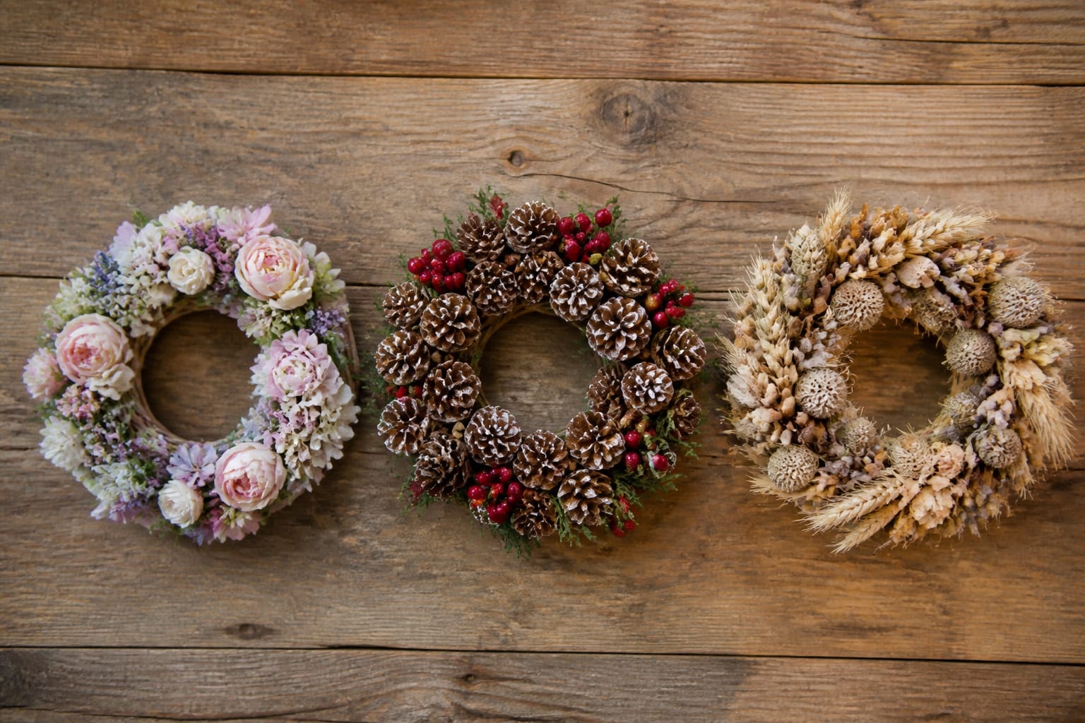 Three wreath style samples showing different seasonal design options