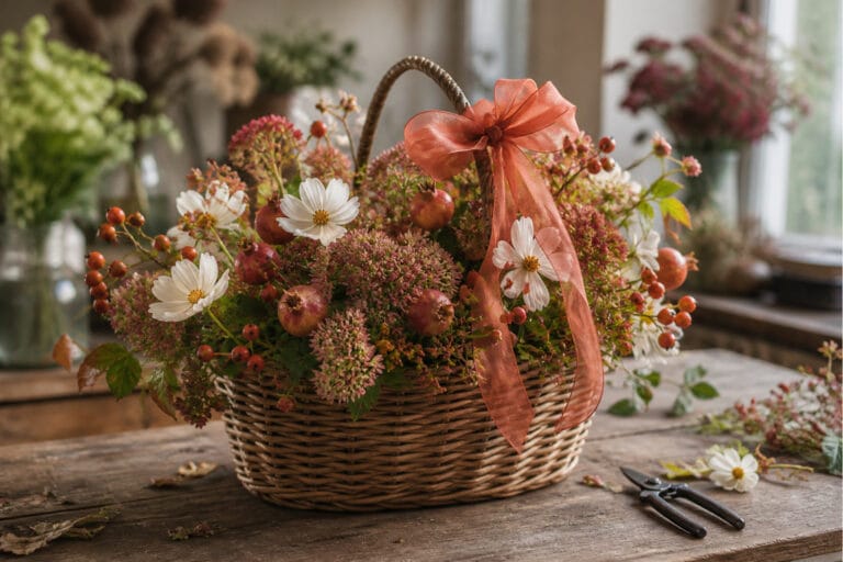 Fall basket arrangement with sedum, rose hips, cosmos, and pomegranates tied with coral ribbon