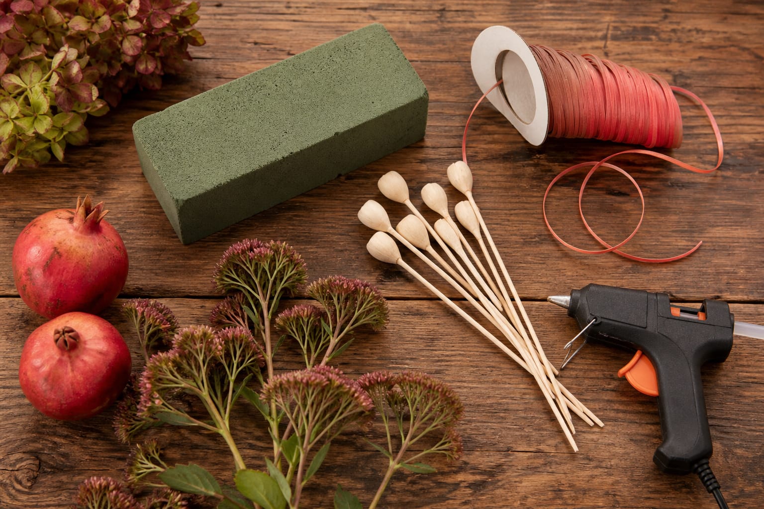 Floral foam, wired ribbon, hyacinth stakes, and glue gun laid out for a fall basket project