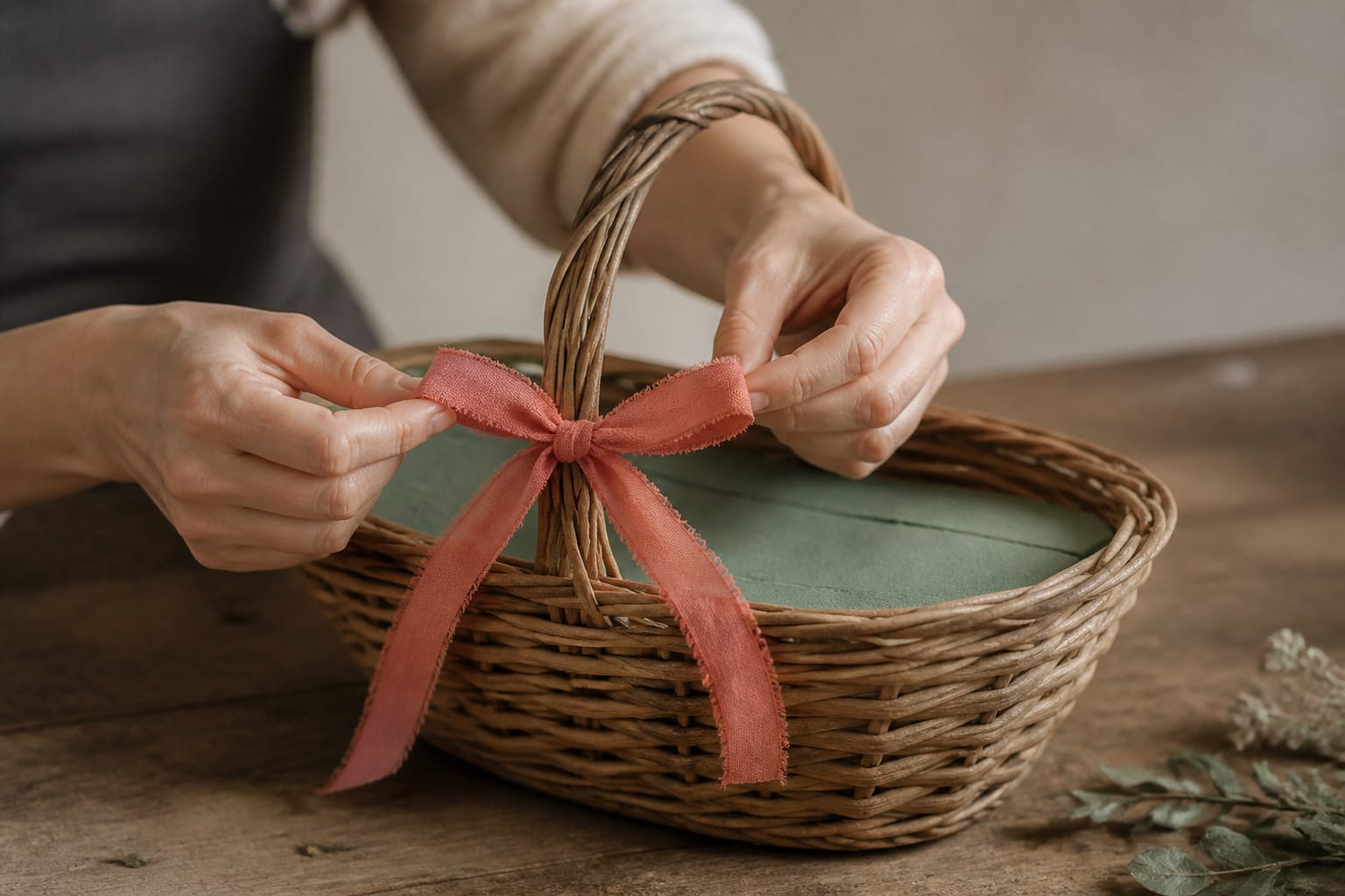 Tying coral wired ribbon onto a basket handle before adding flowers
