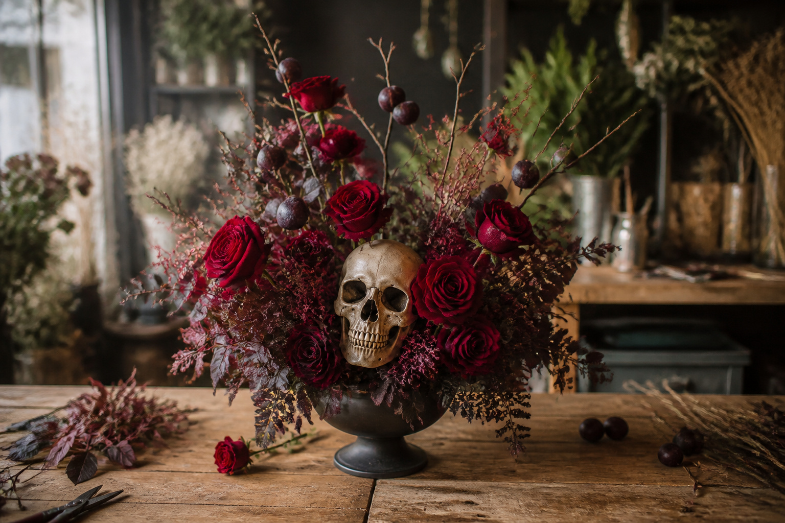 Finished skull-and-bones Halloween floral arrangement with roses and plum branches