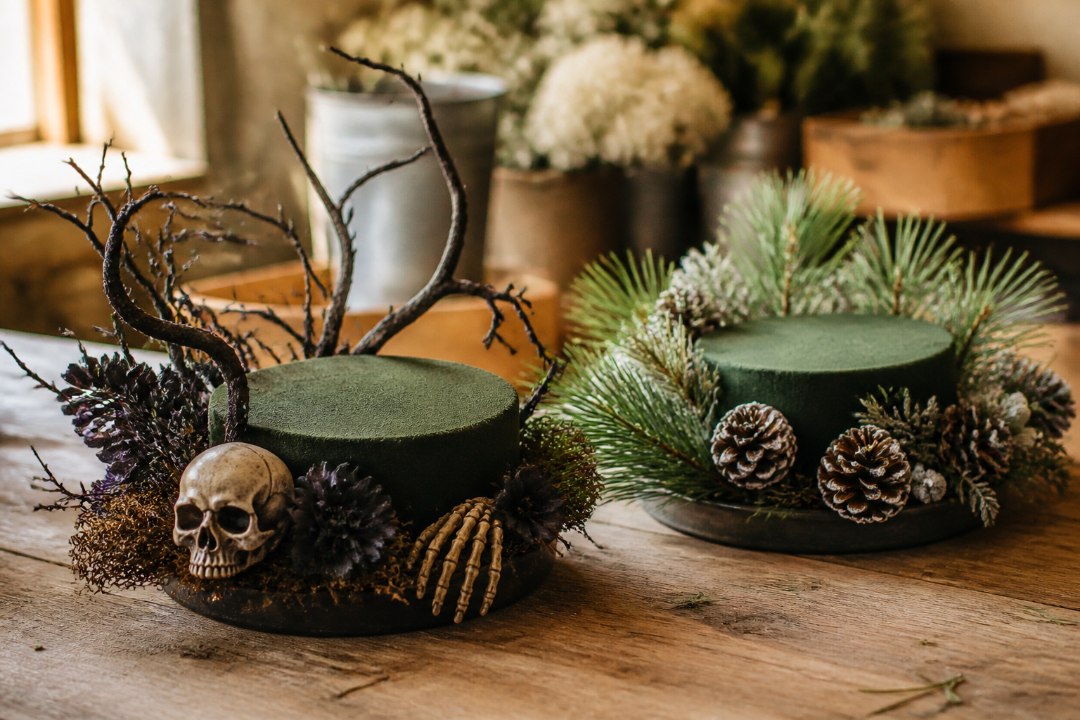 Side-by-side style floral foam bases, one with Halloween accents and one with pinecones