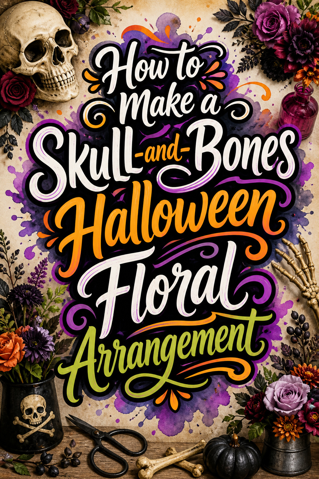 Pinterest graphic for how to make a skull-and-bones Halloween floral arrangement