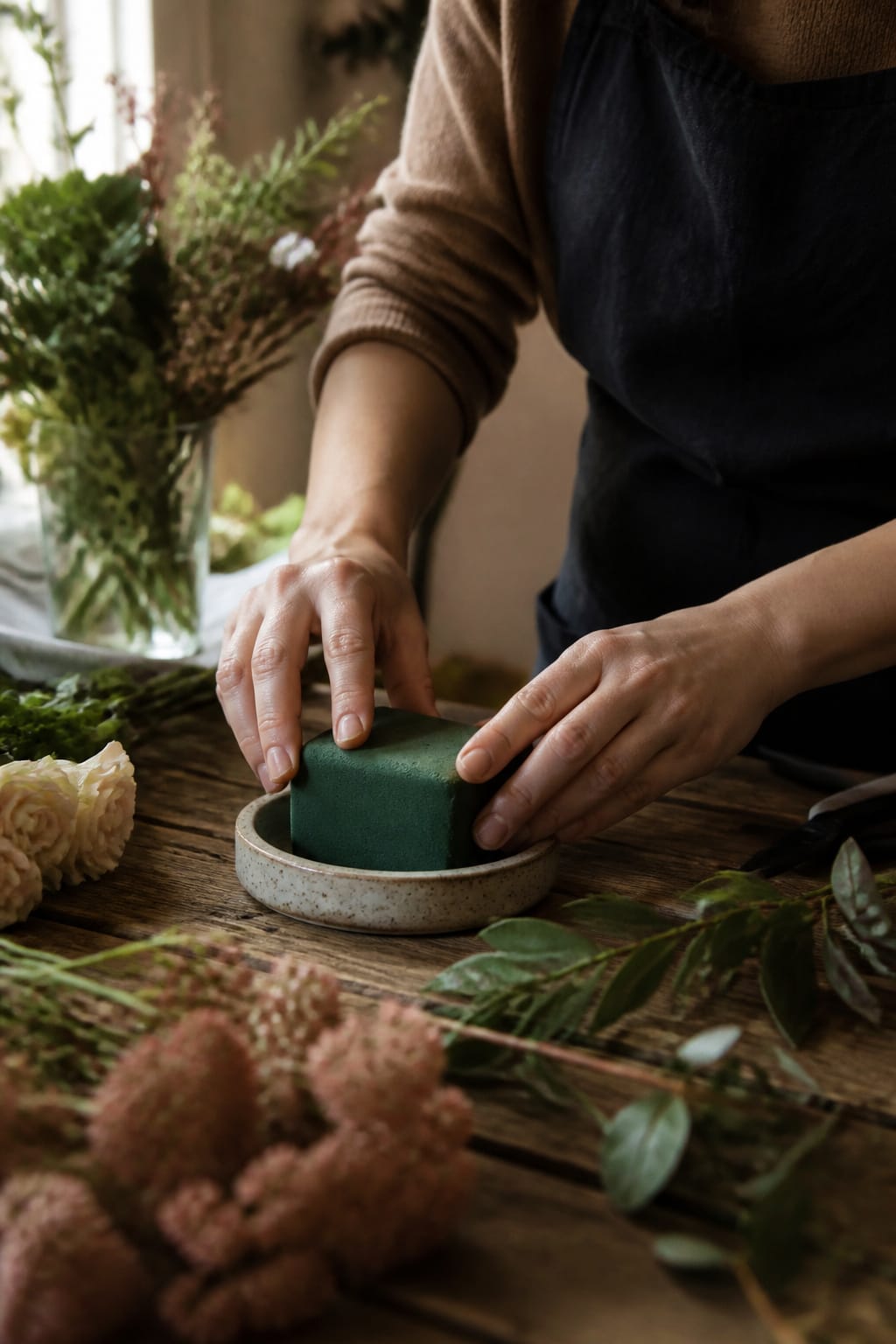 Florist testing a floral foam glue bond before committing to a full batch