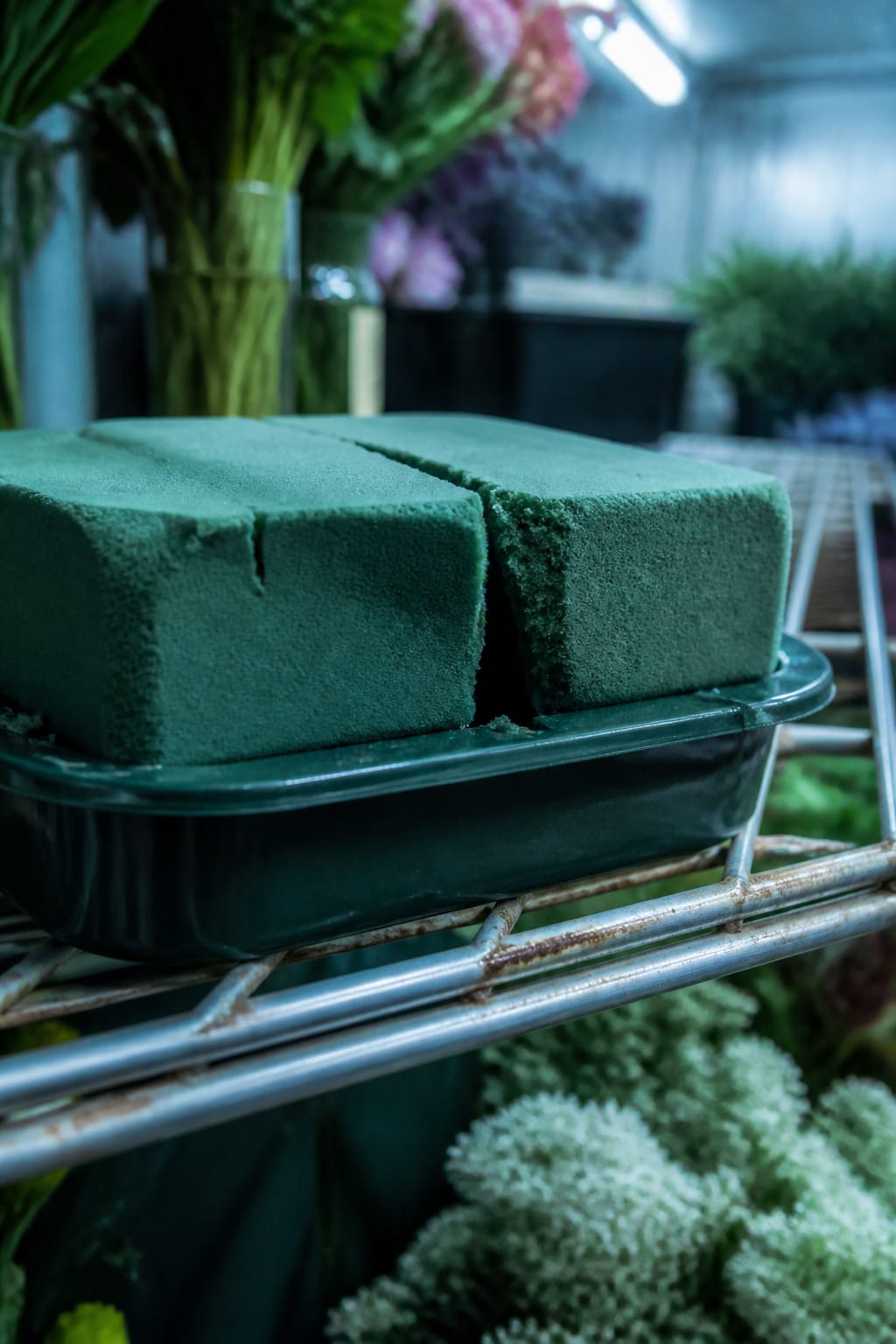 Floral foam separated from a container due to cold-cracked glue