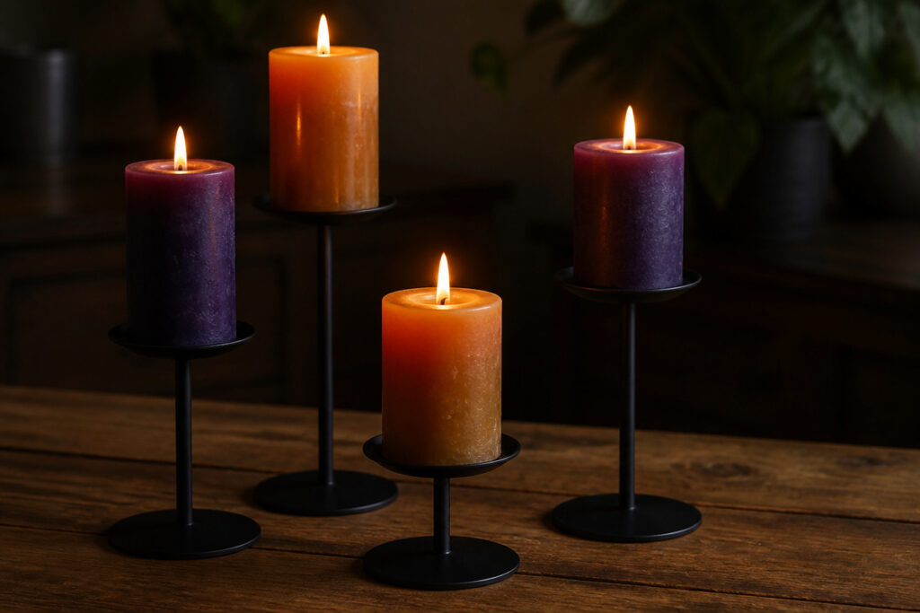 Amber and deep purple pillar candles in black iron holders grouped at varying heights