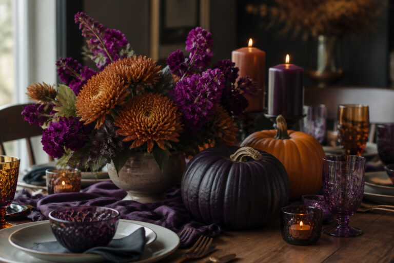 Rust-orange and eggplant-purple Halloween tablescape with mums, purple stock, painted pumpkins, and pillar candles