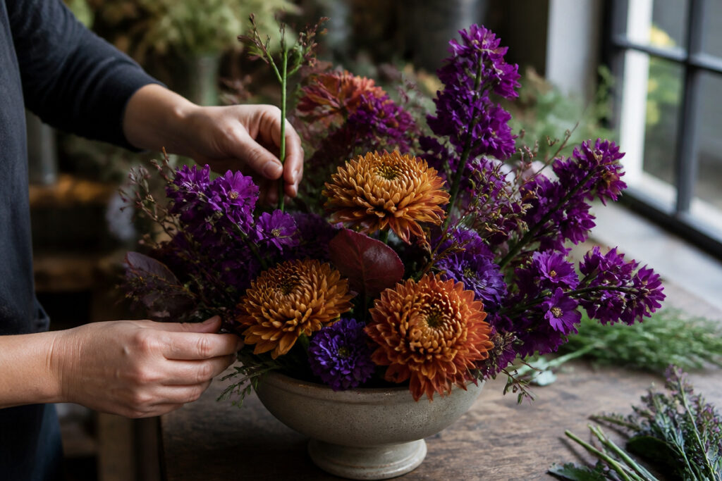 Bronze mums and purple stock being arranged into floral foam in a low ceramic urn