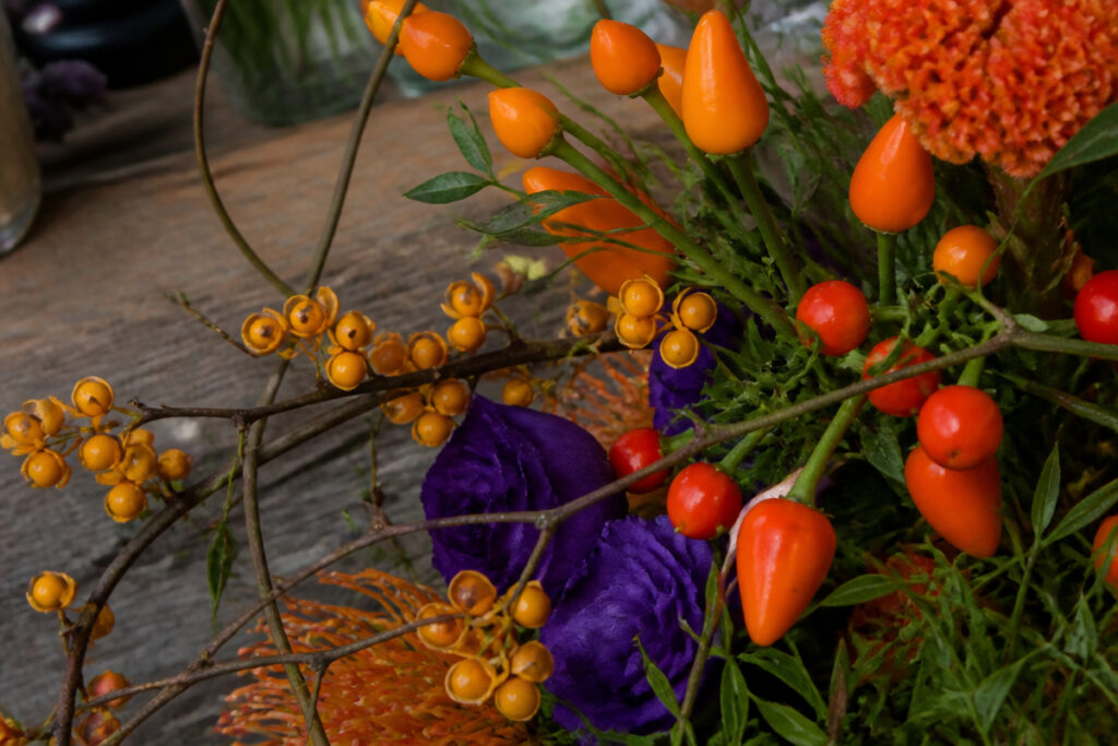 Ornamental peppers and curling bittersweet vine tucked into an orange and purple Halloween arrangement