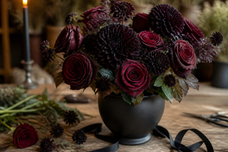 Black Baccara roses and near-black dahlias arranged in a black ceramic vase on a florist's worktable