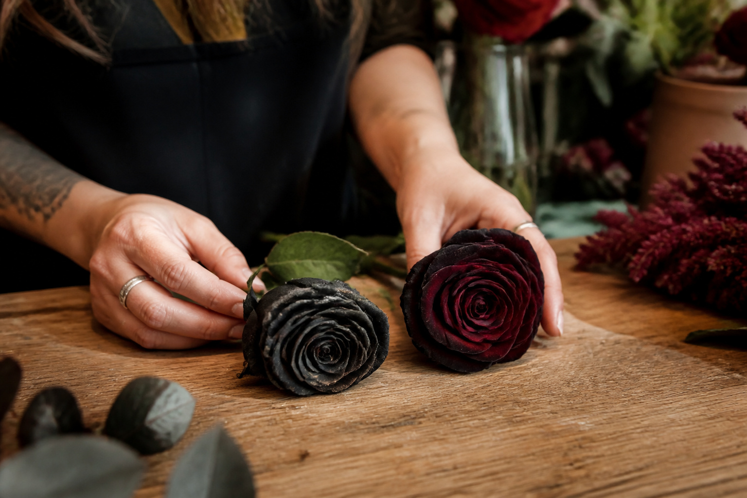 Comparing a dyed black rose to a naturally deep red-black Black Magic rose