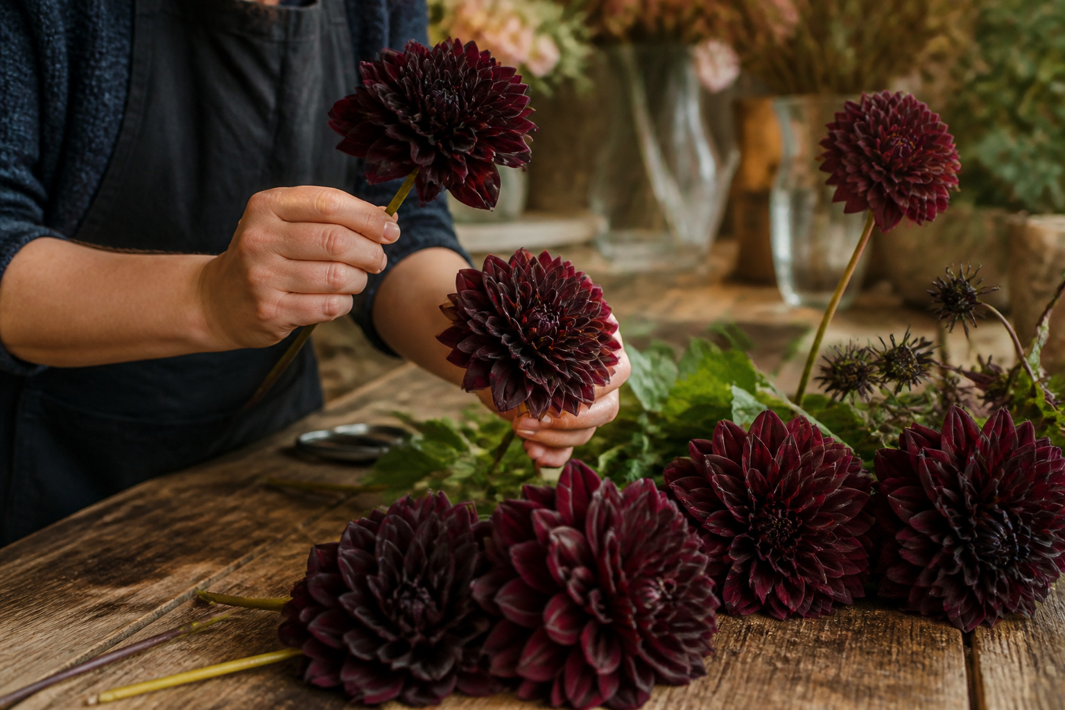 Black Baccara and Chat Noir dahlia blooms on a florist's worktable