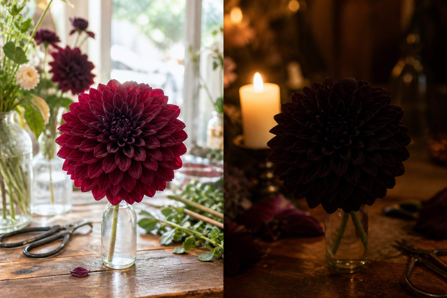 Deep burgundy dahlia shown in bright light versus low candlelight to demonstrate how it reads black