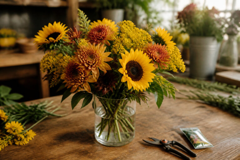 Mixed fall arrangement of mums, sunflowers, and solidago on a florist's worktable with shears and flower food