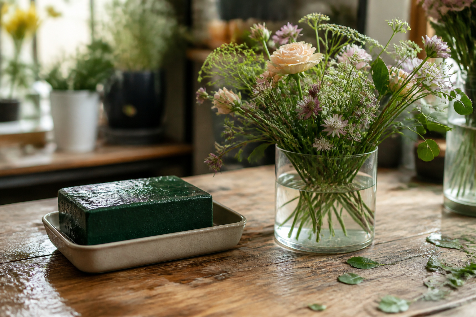 Soaked floral foam block beside a loose arrangement in a glass vase of water