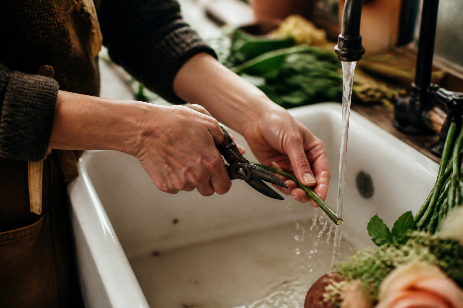 Florist recutting a flower stem at an angle under running water