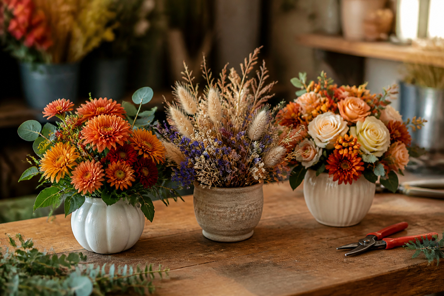Fresh, dried, and silk fall arrangements lined up for comparison on a worktable