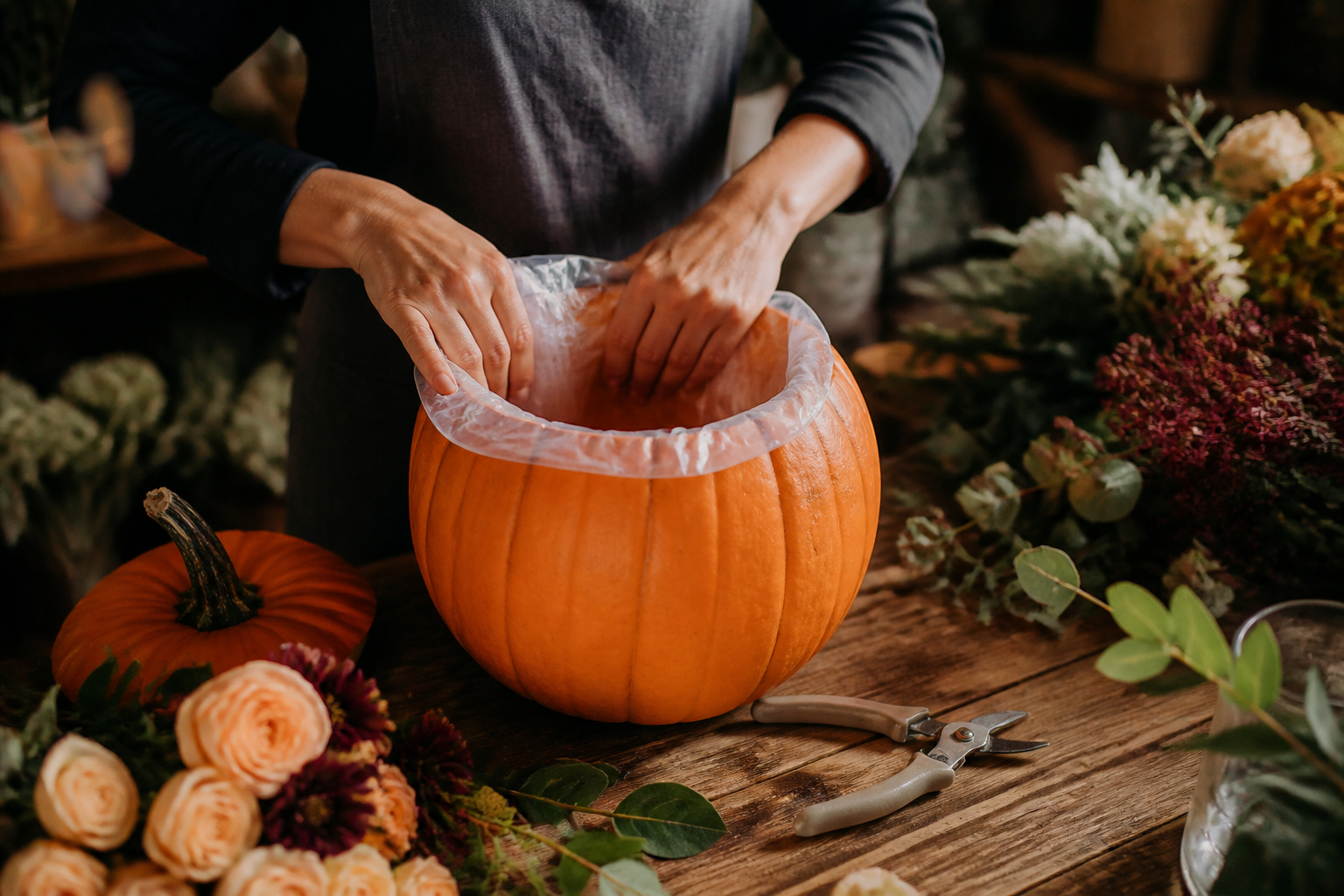 Hollowed-out pumpkin being lined with plastic before use as a flower vase